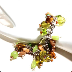 Bracelet upycled chain vtg beads green tan handmade size 7.5