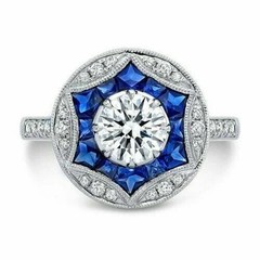 Art Deco Style Lab-Created Diamond & Sapphire Engagement 14K White Gold FN Ring