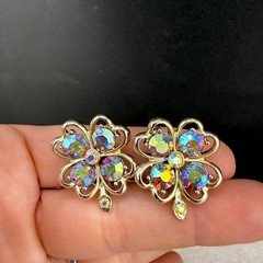 Vintage Four Leaf Clover Rhinestone Brooch Clip On Earrings Set Gold Tone AB