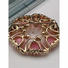 VTG Kramer Signed Brooch Pink Thermoset Tulip Wreath Clear Rhinestones 2.25in