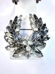 VNTG Juliana Silver Tone Icy Light Dark Grey Navette Rhinestone Brooch Earrings