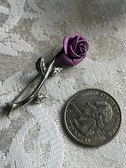 Vintage Jezlaine Signed 925 Sterling Silver Purple Long Stem Rose Brooch Pin 1″