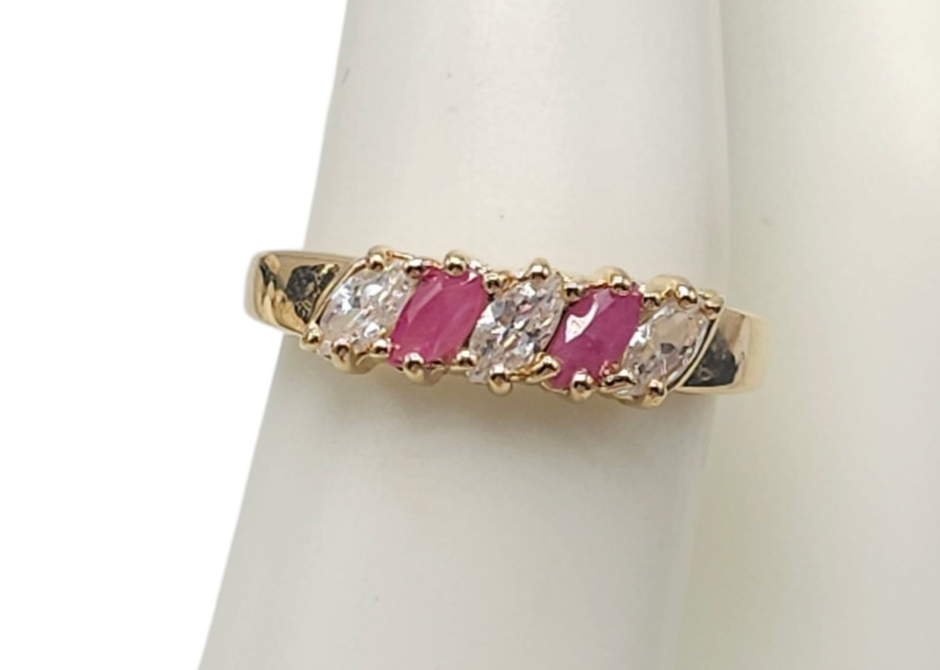 Gold Plated Marquise Shape Pink Topaz Clear Rhinestone Ring Size 9.75 Vintage
