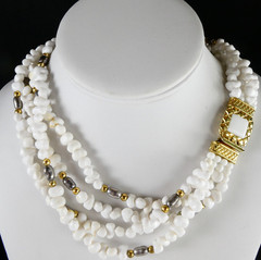 Vintage White Multi Strand Necklace Silver & Gold Spacers Ornate Clasp