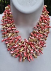 Vintage Hot Pinks Polished Shells Necklace Japan Hook Clasp Multi Strand Japan