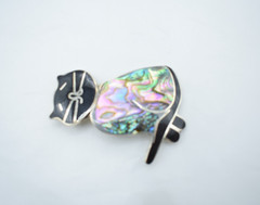 Vintage Mexico Silver Abalone Inlay Cat Brooch Modernist Pin