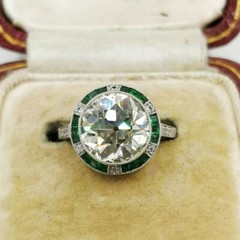 Art Deco Lab-Created Diamond & Emerald Halo Wedding 14K White Gold Filled Ring