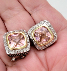 Vintage Crystal CZ Pink Topaz Gold & Silver Tone Detail Earrings & Pendant Set
