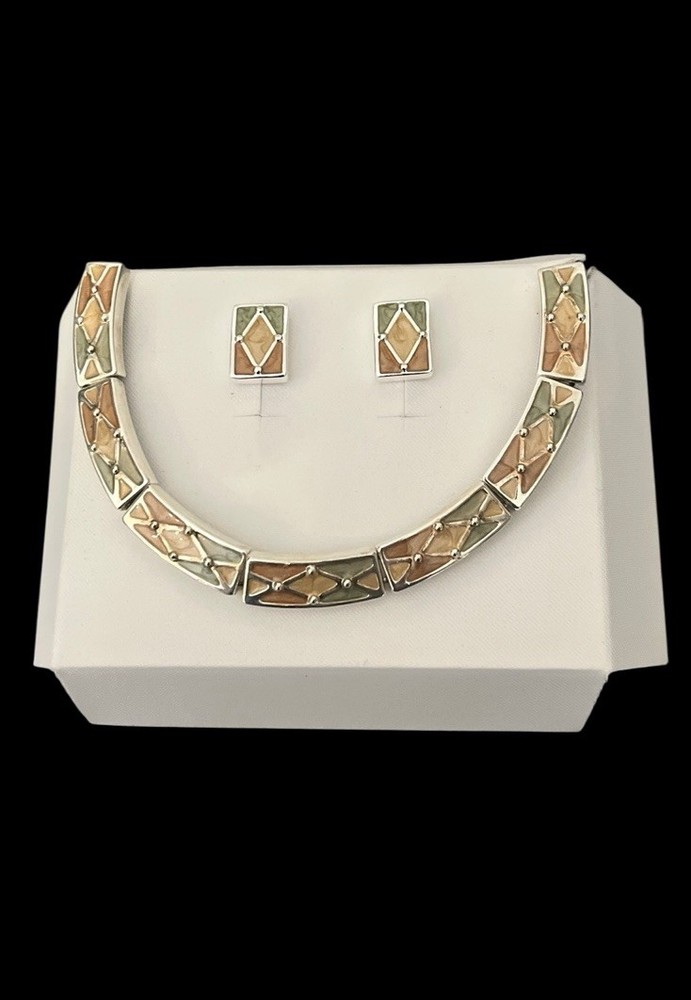 Vintage Art Deco Harlequin Green Beige Enamel Choker Earrings Jewelry Set