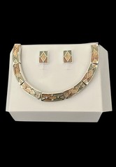 Vintage Art Deco Harlequin Green Beige Enamel Choker Earrings Jewelry Set