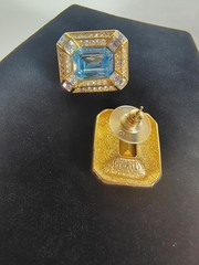 Vtg Emerald Cut Statement Earrings Aqua Blue Gold Tone