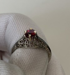 Art Deco Belais 18k White Gold Filigree Ring w/ Ruby – Appraised $2,650