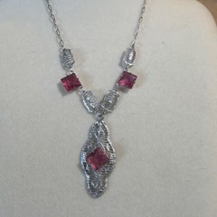 Antique ART DECO Silver Tone PINK CZECH Glass Filigree Necklace 18 inchs
