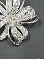 Vintage Monet Silverton Rhinestone Flower Bow Ribbon Brooch, 2.25″ Diameter