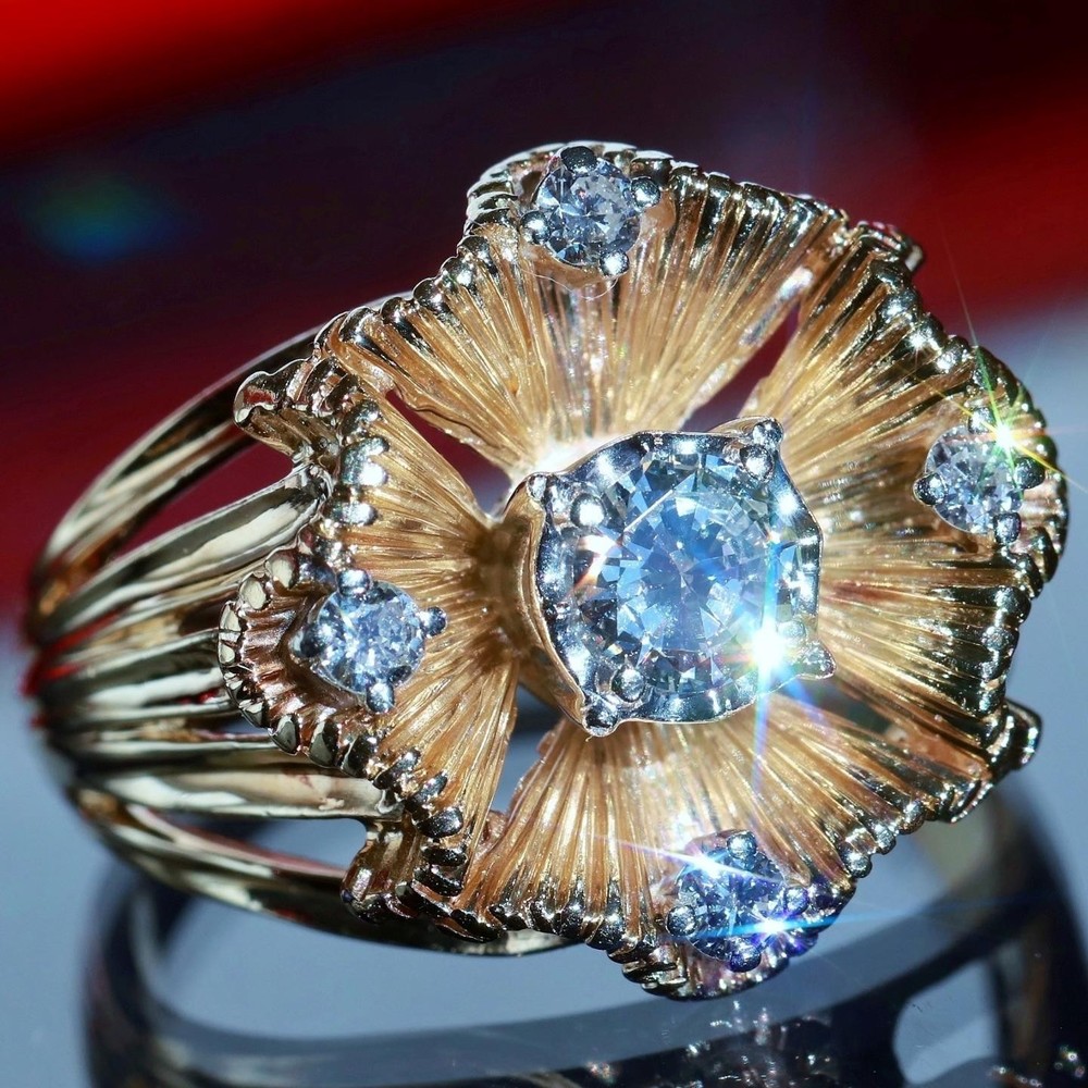 14k yellow gold sz 6 ring 0.80ct natural diamond flower vintage 8.26g Prism-lite