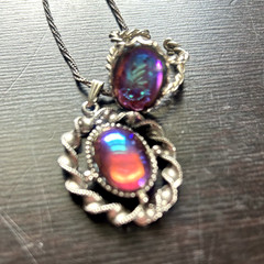 Vintage Peacock Blue Stone Necklace Ring Set Silver Tone Iridescent Galaxy