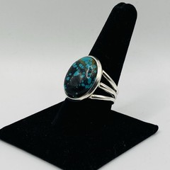 Vintage Navajo Sterling Silver Kingman Turquoise Oval Ring Size 9.5 Green Black