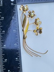 Vintage Floral Spray Brooch Pin Copper Brass Tone Faux Pearl Mid-Century Style