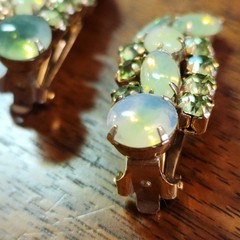 Vintage Opaline Glass & Aurora Borealis Rhinestone Clip Earrings Mid Century