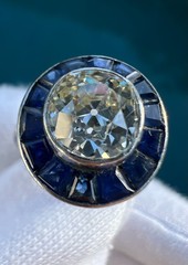 Art Deco Platinum Old Mine Cut Diamond & Sapphire Target Ring