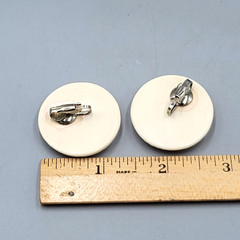 Vintage Hand Carved Clip on Earrings White Round Large Statement 1.25 in
