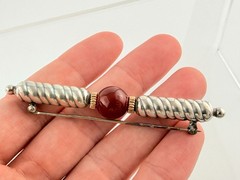 Vintage NR Signed Sterling Silver and 14kt Gold Carnelian Bead Bar Brooch Pin