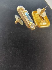 Vtg Emerald Cut Statement Earrings Aqua Blue Gold Tone