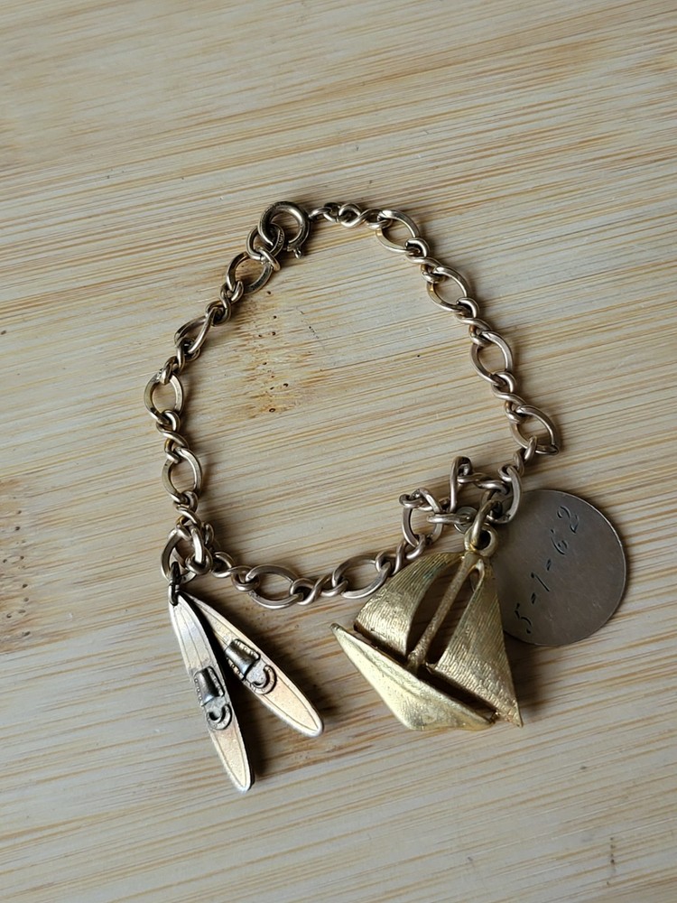 Vtg Bracelet 1/20th 12KTGF Automade & JMS 12KGF Water Skis Charm Sailboat 6¼”