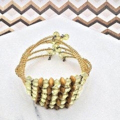 Vintage 70s Wood Yellow Bicone and Seed Bead Flexible Twisted Cuff Bracelet