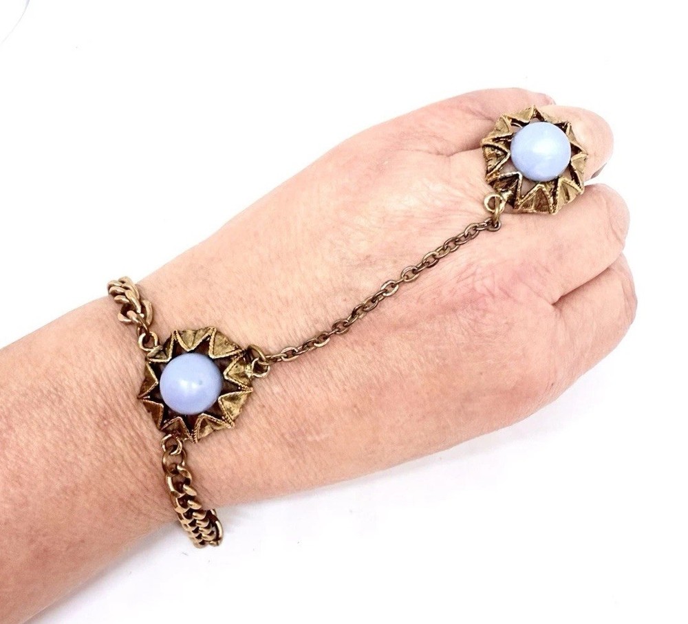 Blue Lucite Cabochon Slave Bracelet & Ring Set Adjustable Vintage Jewelry