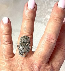 C&C Rhodium Electroplate Clark & Coombs Art Deco Marcasite Rose Flower Ring VTG
