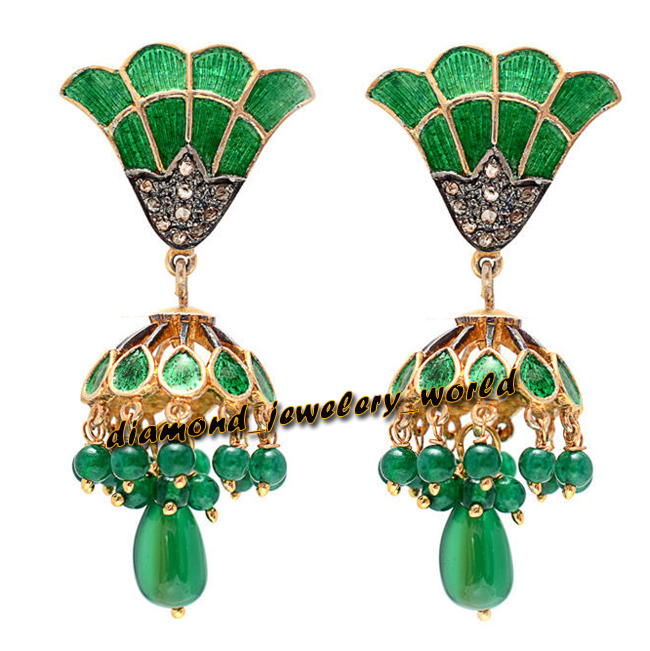 0.65ctw Rose Cut Diamond Emerald Enamel Silver Victorian Amazing Earring Jewelry