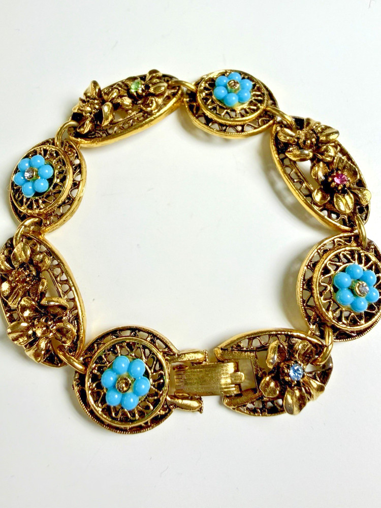 Vintage ART Arthur Pepper Gold Tone Bracelet Filigree Blue Flowers Signed 6.5″