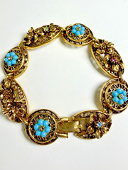 Vintage ART Arthur Pepper Gold Tone Bracelet Filigree Blue Flowers Signed 6.5″