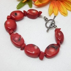 Vintage 925 Sterling Silver & Red Coral Bead Toggle Clasp Bracelet 7 1/2″