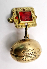 Antique Gold Tone & Brass Football Dangle 1.25″ Pin Brooch Red Glass