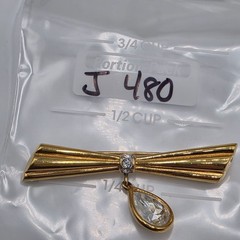 Monet Gold Tone Bow Brooch with Teardrop Crystal Dangle Pin Vintage Signed