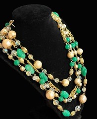 1950s Weiss? Multi Strand Faux Jade Cotton Pearl Crystal Bead Bib Necklace