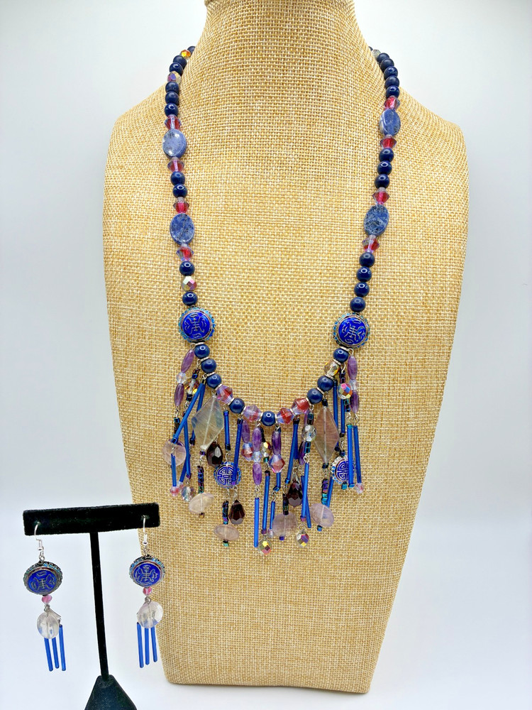 Vtg roxsann Chinese Silver Cloisonné Amethyst Lapis Antique Glass Jewelry Set