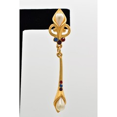 Vintage Pearl Crystal Dangle Earrings Drop Brushed Gold Matte NOS 1980s BinBK