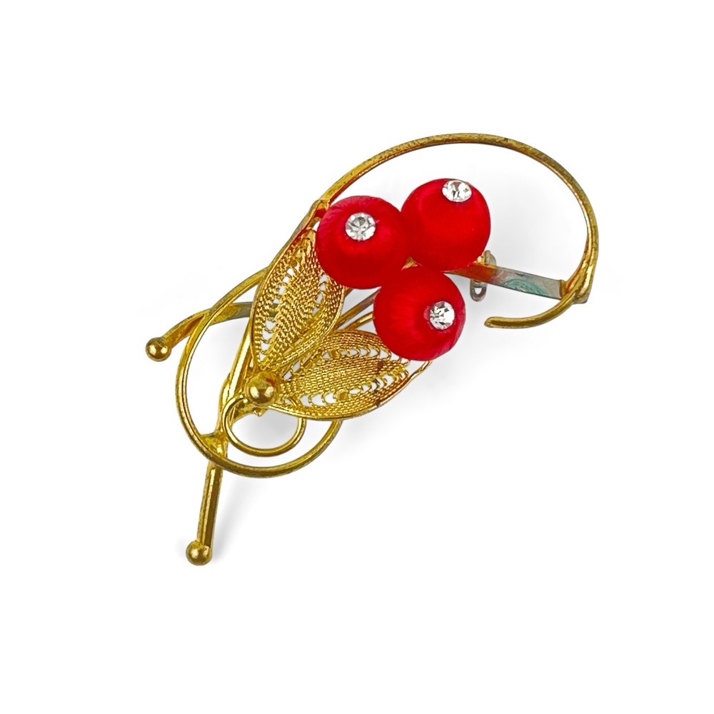 Vintage Pin Brooch Peach Silk Flowers Rhinestone Gold Filigree Leaves 2.5 X 1”