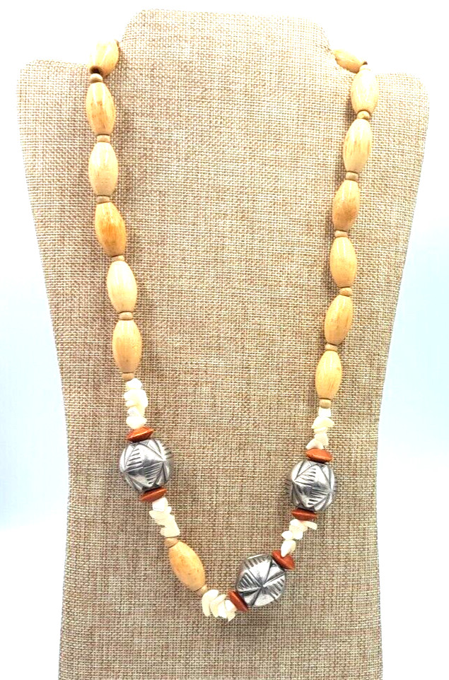 Vintage 1970’s Artisan Handmade Wood & Stone w/ Metal Orbs Beads 30″ Necklace