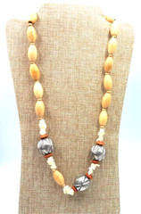 Vintage 1970’s Artisan Handmade Wood & Stone w/ Metal Orbs Beads 30″ Necklace