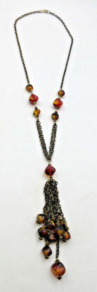 VTG MODERN brown Amber color Bronze tne BEAD TASSEL PENDANT LIGHTWEIGHT Necklace