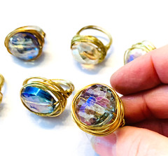 Lot 7 Handmade AB Mystic Topaz Style Glass Bead Brass Wrapped Party Bling Rings