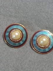 Vintage Earrings Signed Nuri Blue Enamel,”Neo Deco” Design Faux Pearl Rhinestone