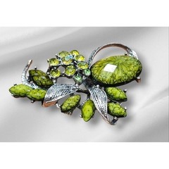 Vintage Style Lime Green Floral Brooch Silver Tone Rhinestone Botanical Pin
