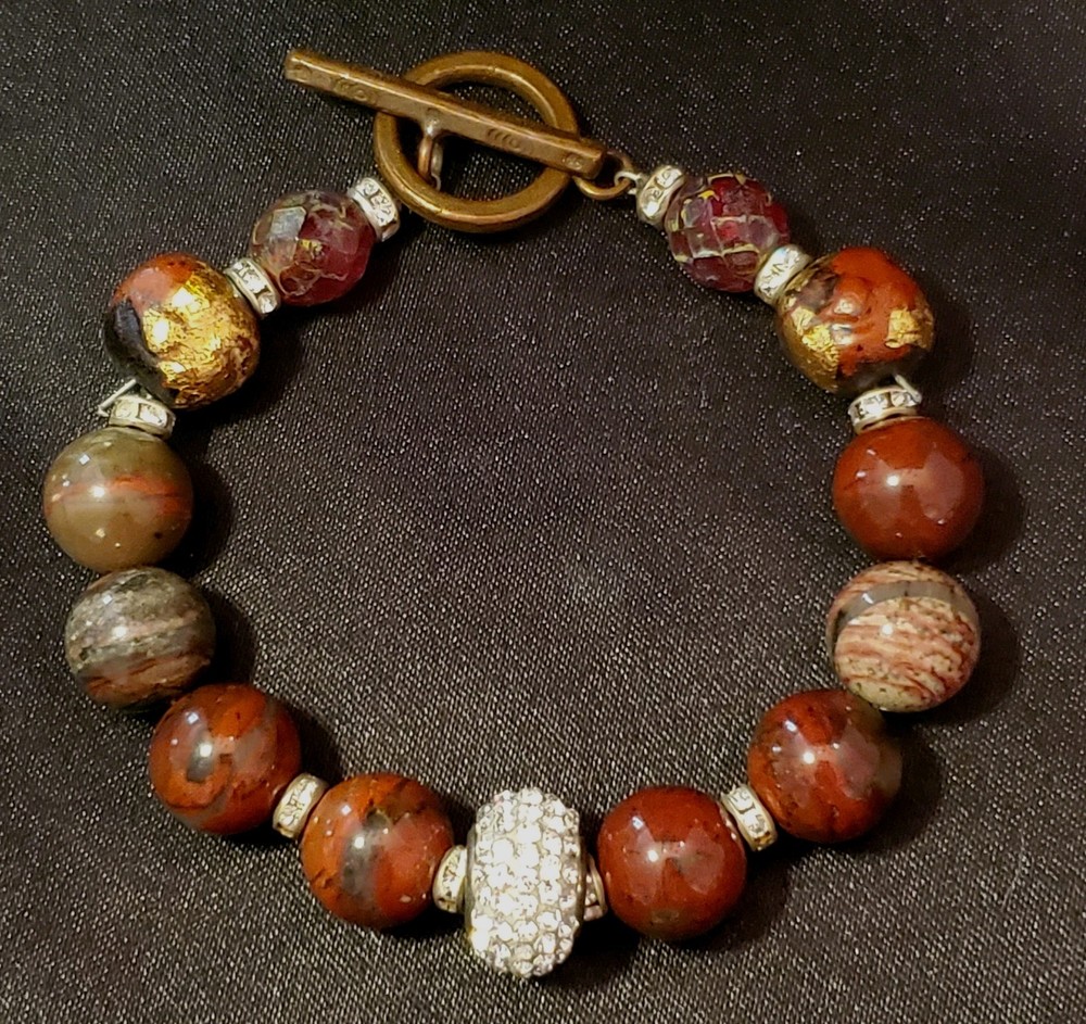 ESTATE Vintage Bracelet, Varied Jasper Beads, Pave’ Spacers, Copper & Gold Leaf