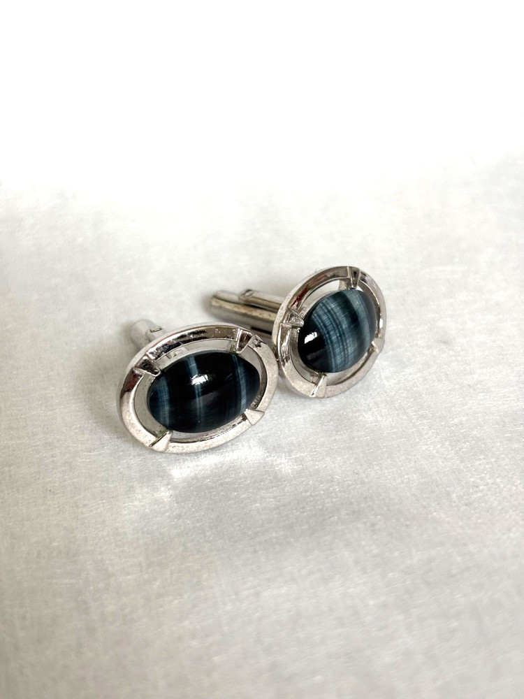 SUN EAGLE Vintage Men’s Cufflinks Blue Tiger Hawk’s Eye Style Silver Tone