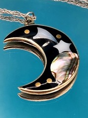 Vintage Alpaca Mexico Crescent Moon Necklace Mother Of Pearl Abalone Shell Rare